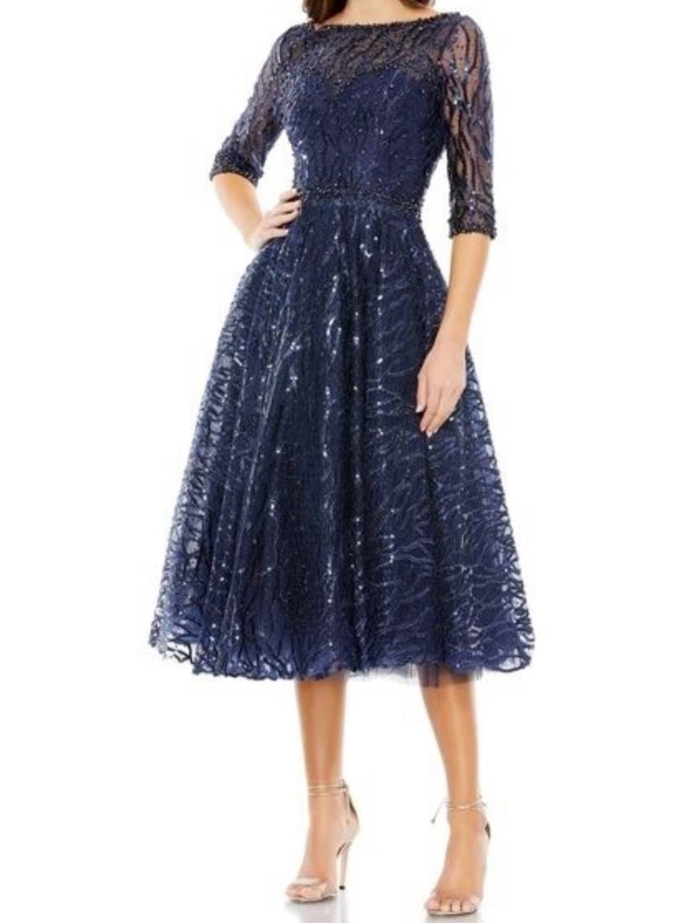 Mac Duggal 3/4 Sleeve Bateau Neck Cocktail Dress Beaded Lace Sequins NWT Size 4